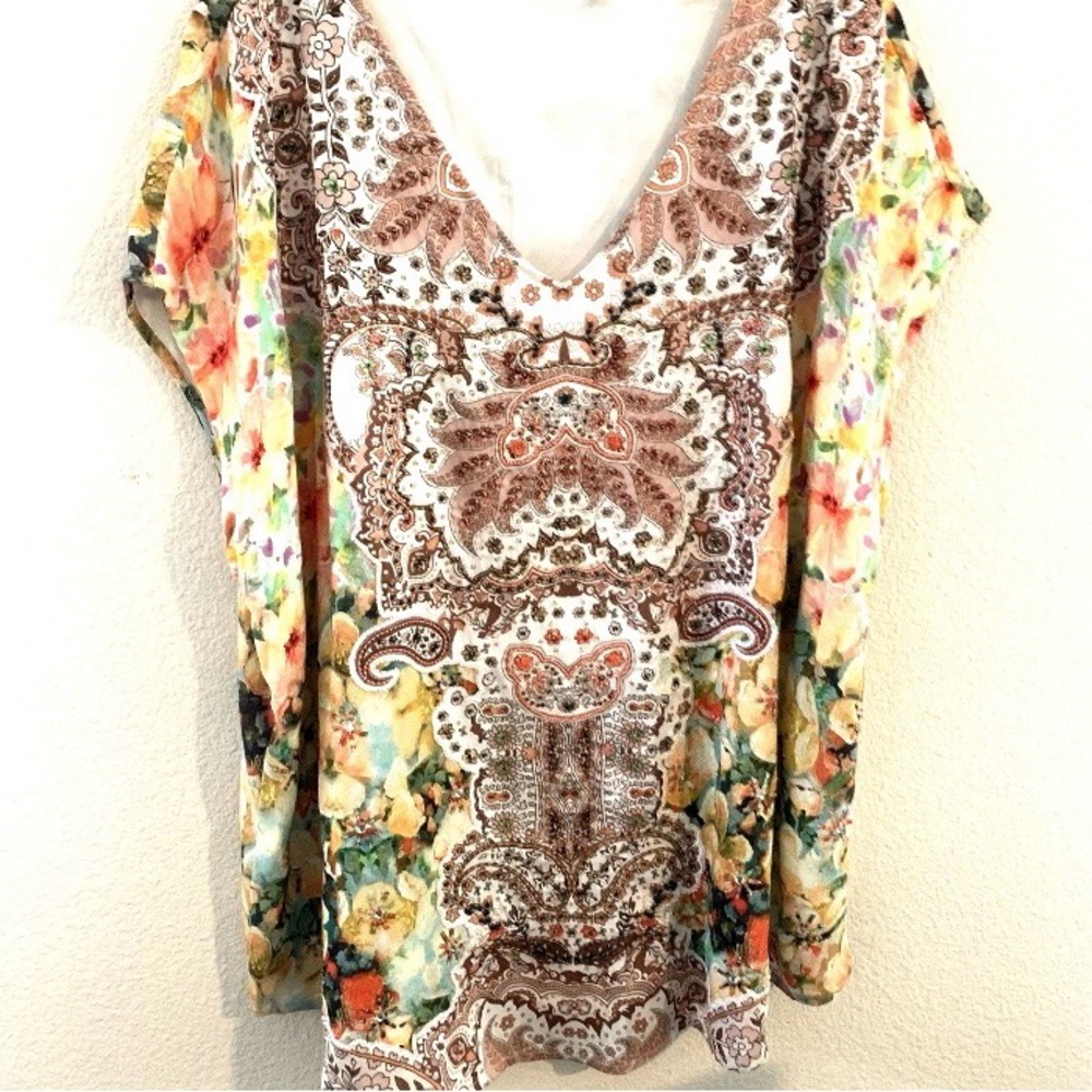 Soft Surroundings, Tunic blouse beading paisley and floral print pattern L